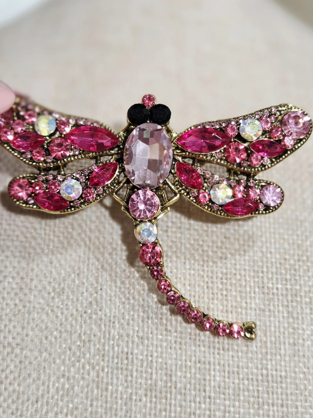 Pink Crystal Dragonfly Brooch - Gold Tone